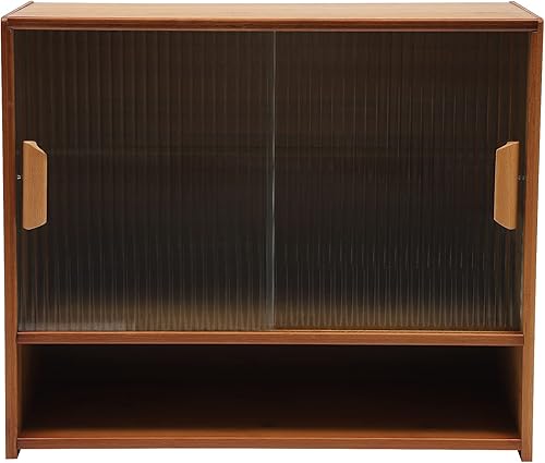 Miniatura 5 de Armario de almacenamiento pequeño, aparador de despensa de cocina de bambú con 2 puertas corredizas de vidrio a rayas, armario de almacenamiento