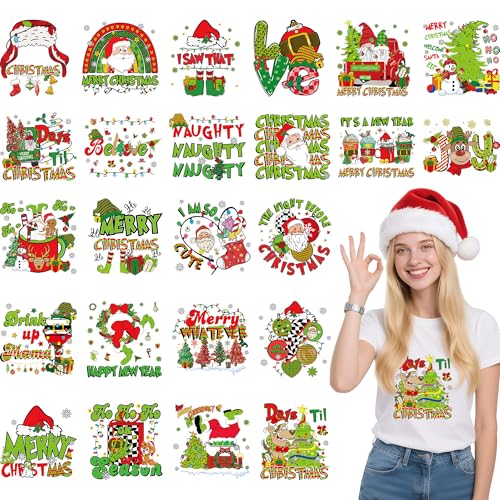 MOIZYNG 20 Sheets Christmas Iron on Transfers for T-Shirts Funny Green Santa Claus DTF Transfers Ready to Press Heat Transfers Vinyl Iron on Decals for Clothes Bag Pillow Covers DIY Crafts