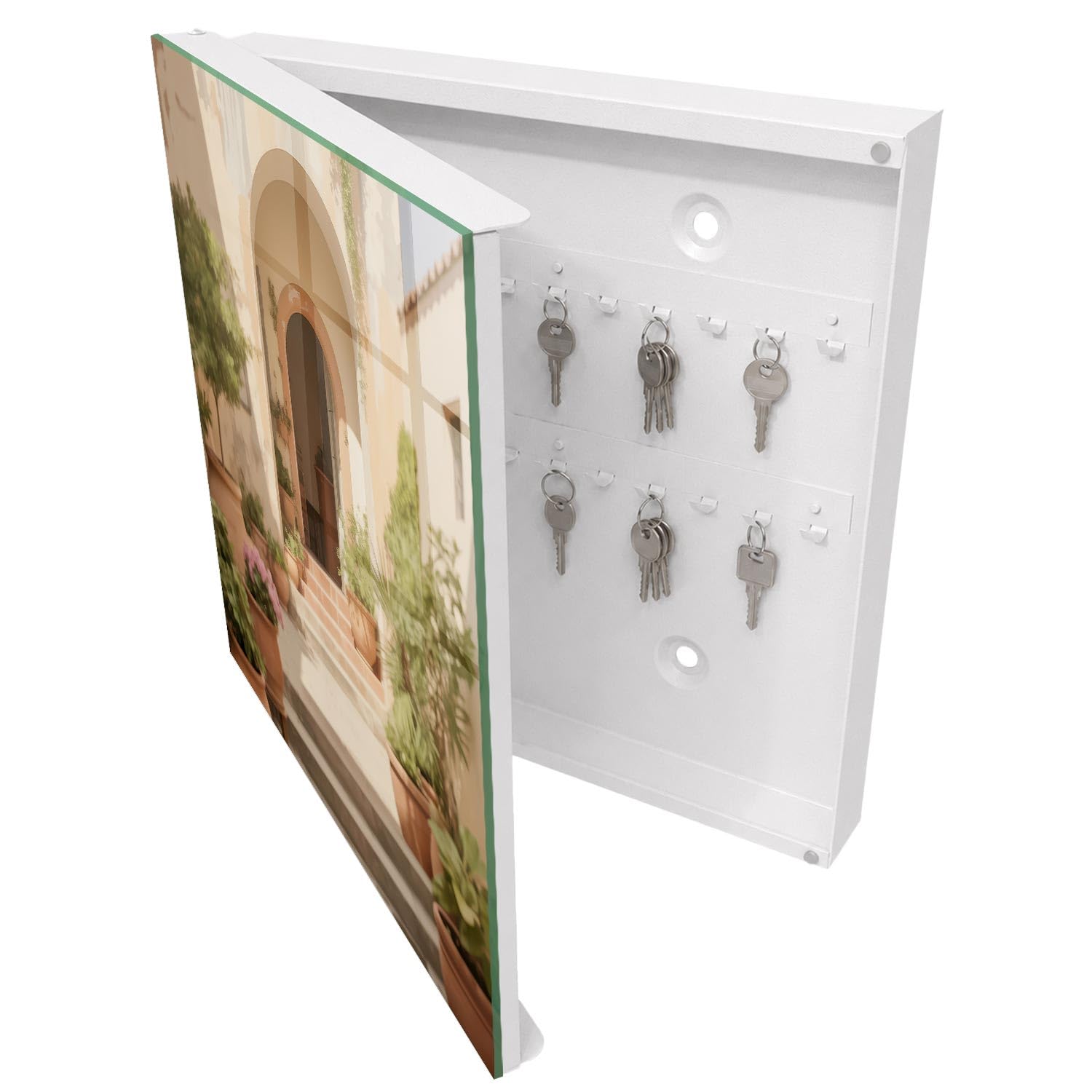 Armadietto Portachiavi 30x30 cm | Bianco | A Sinistra | Montaggio a Parete | Giardino rustico | Frontale Decorativo in Vetro Temperato | in Metallo | Tasselli e Viti Inclusi | per Uffici