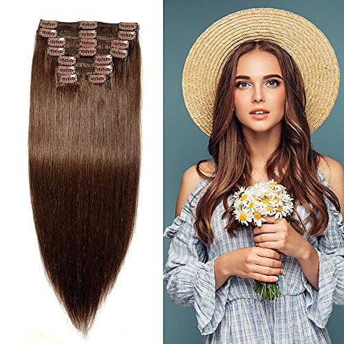 160g Double Weft Clip in 100% Remy Human Hair Extensions #4 Medium Brown Grade 7A Quality Full Head Thick Thickened Long Soft Silky Straight 8pcs 18clips for Women Fashion 22" / 22 inch