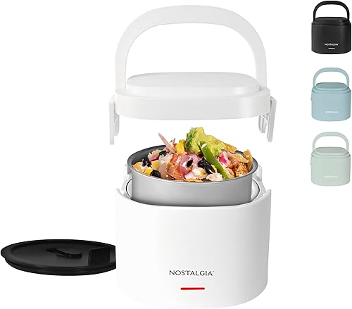 Nostalgia Lonchera eléctrica portátil de 20 onzas, tamaño de viaje, capacidad de 2.5 tazas para sopa, chile y sobras, tapa sellada de silicona a