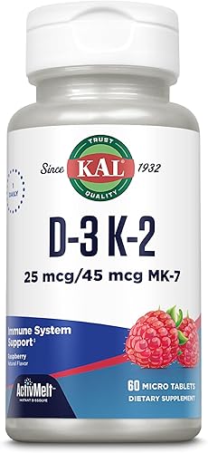 KAL Vitamina D3 K2 ActivMelt, suplemento de apoyo para la salud ósea, el corazón y el sistema inmunológico con D3 1000 UI y MK7 Vitamina K2,