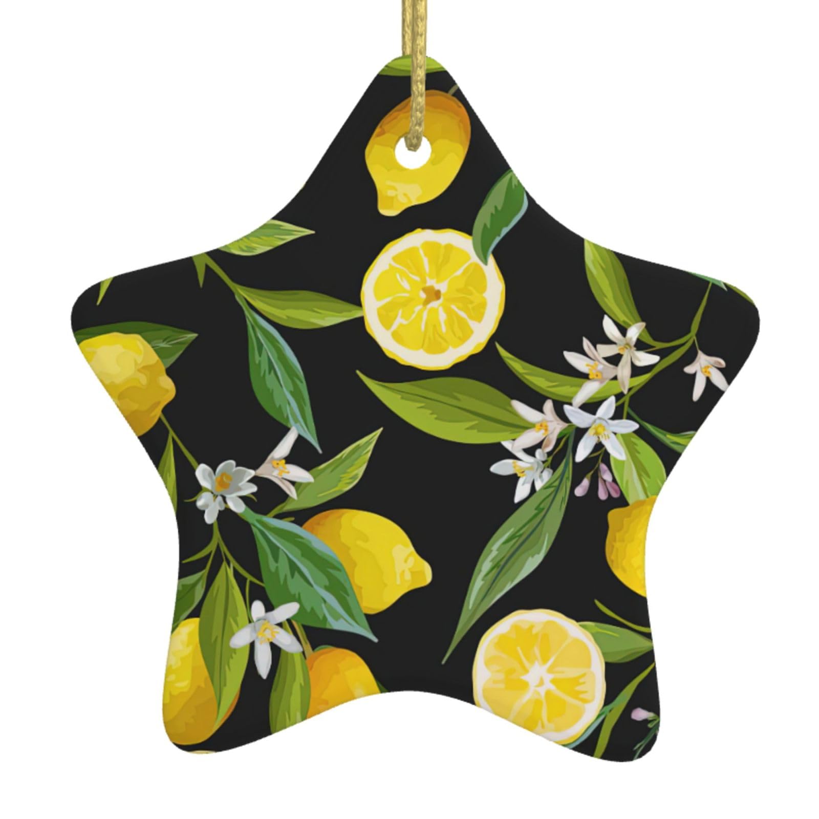 Nbtghga White Yellow Lemon Print Christmas Ornaments, Ceramic Hanging Ornament, Round Shape Decorations