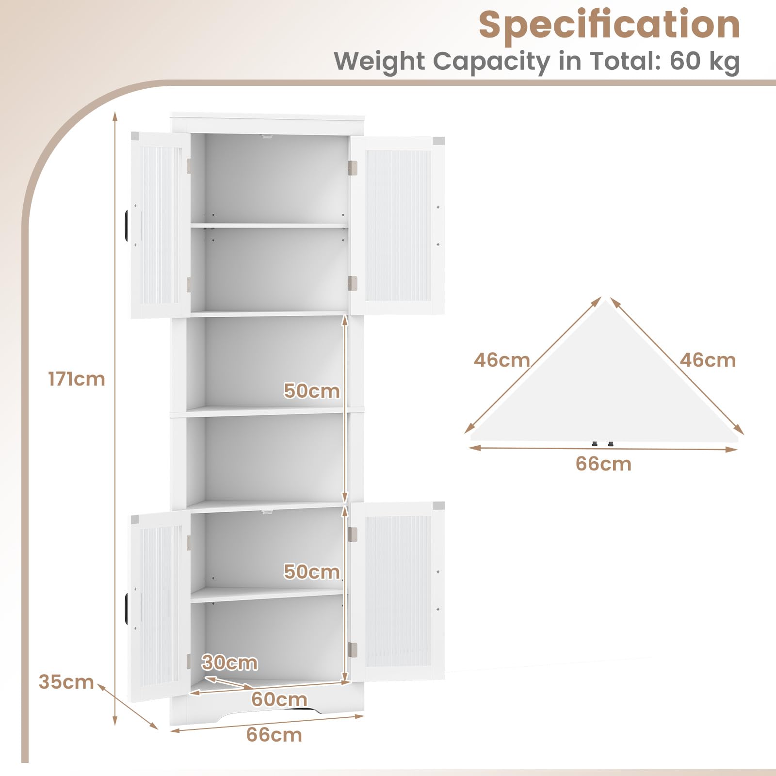 GIANTEX Badezimmerschrank, Eckschrank mit 4 Glastüren & 2 offenen Ablagen, platzsparender Badschrank 66 x 35 x 171 cm, Hochschrank für Bad, Wohnzimmer & Schlafzimmer