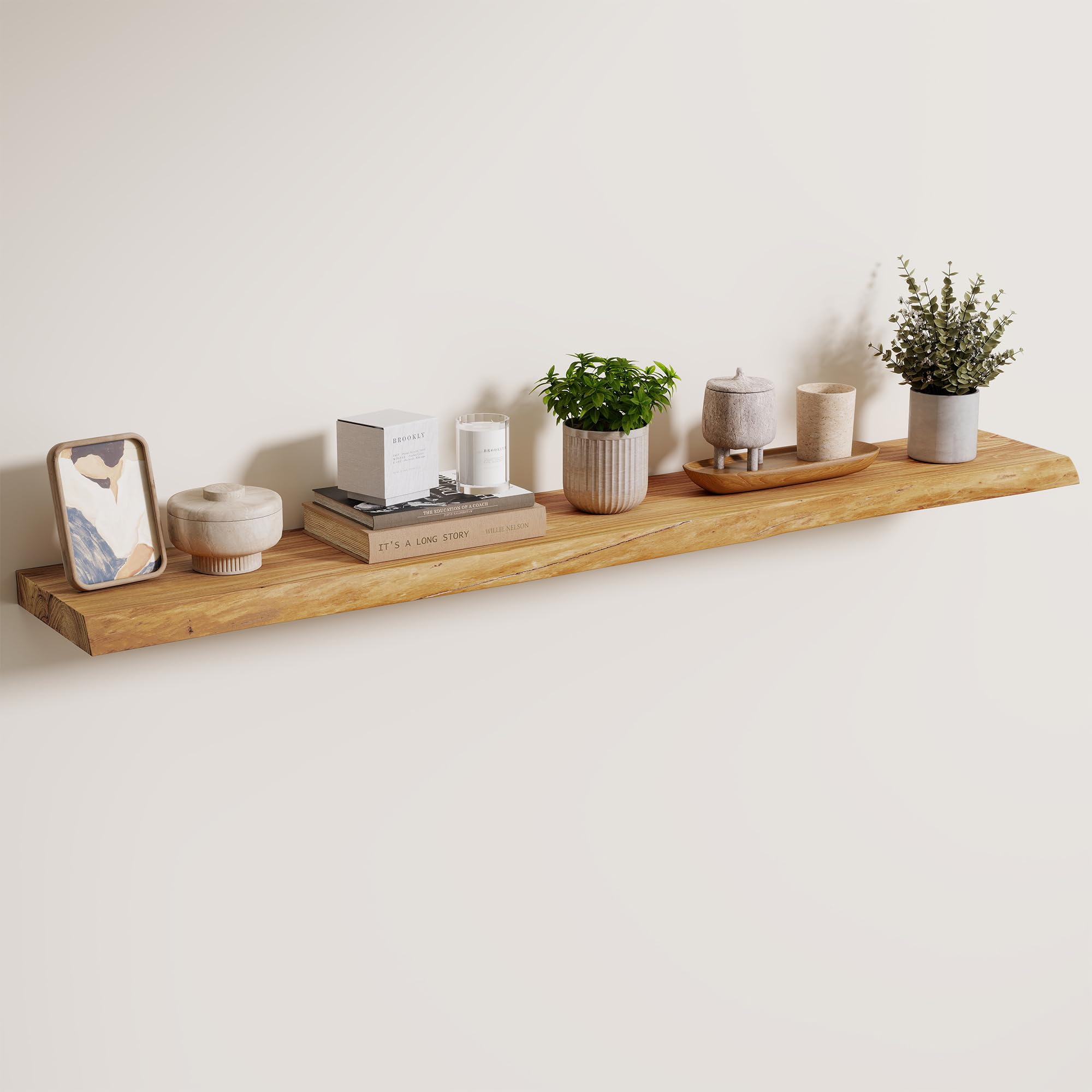 Axeman 122cm Floating Shelves for Wall - Live Edge Rustic Solid Elm Wood Floating Shelves Wall Mounted, Wall Shelves with Invisible Bracket for Living Room Bedroom Kitchen, 122x20x3.5(Natural, 1PC)