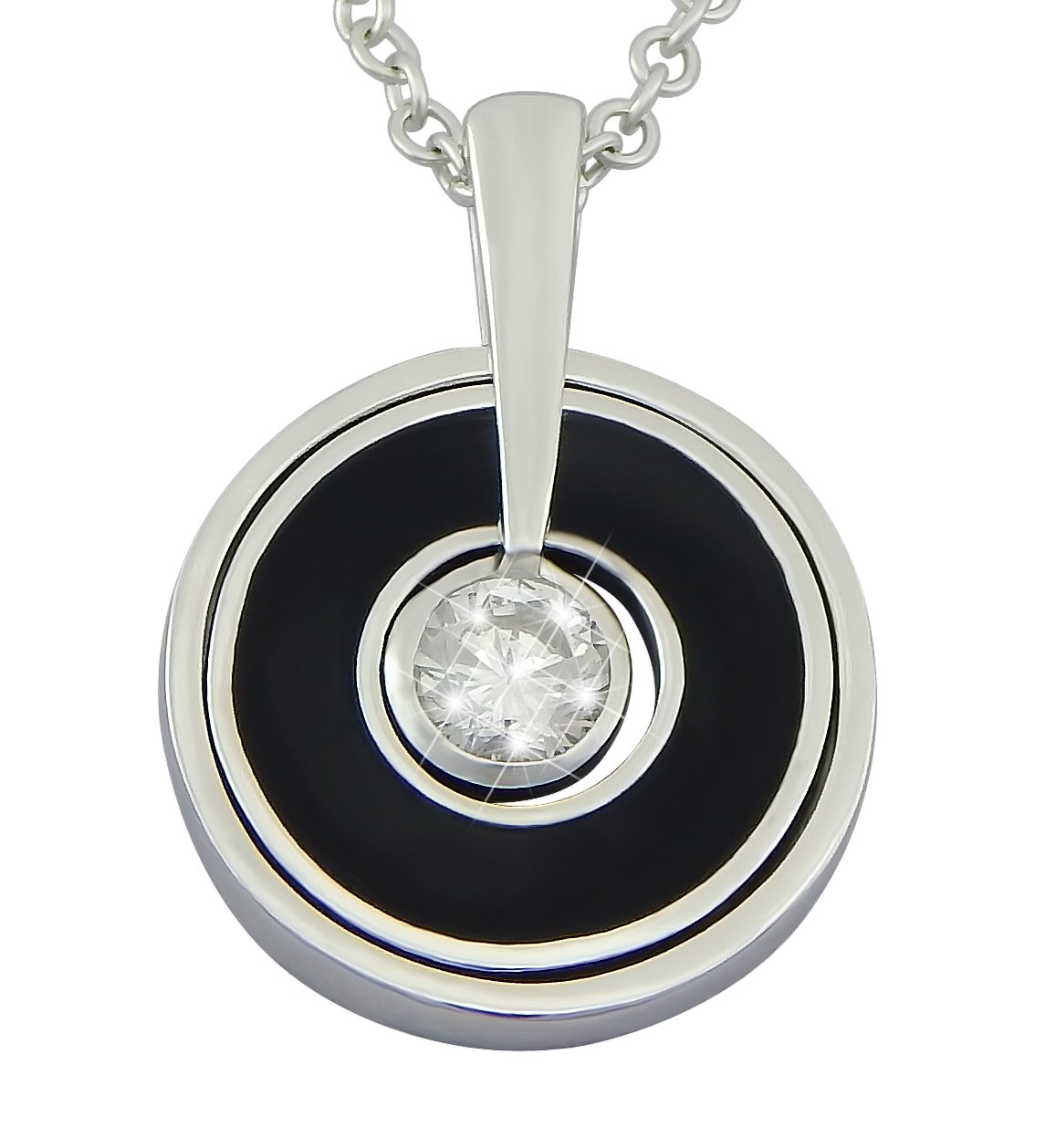 collana e ciondolo da donna in vero argento 925 rodiato, in vero argento con zirconi e resina nera pneumatici mobili nell'anello – regalo di Natale per la donna