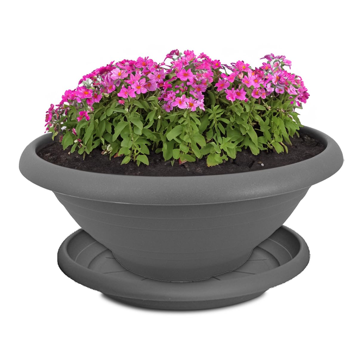 Matches21 Home & Hobby Grey Plant Pot And Saucer As Weatherproof Plant Bowl With Hole - Round 45 Cm Plant Pot In As Frost-Proof Flower Pot For Outdoor Use - Large Plant Pot As Grave Jewellery Flower Pot