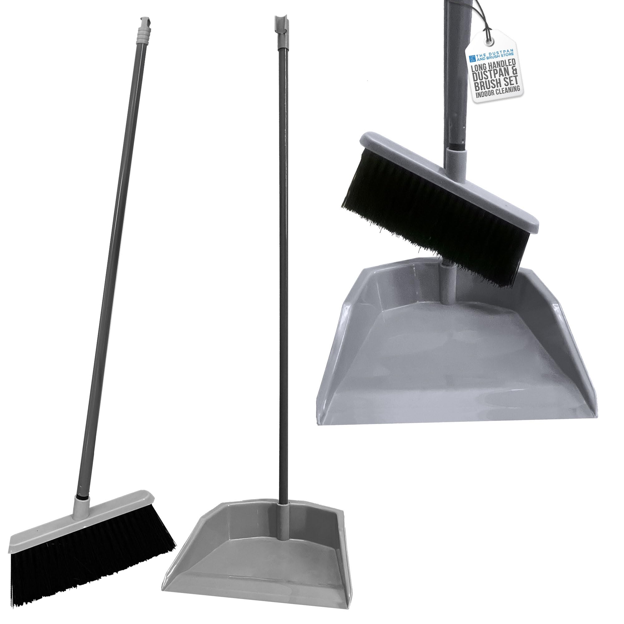 Long Handled Dustpan and Brush Set, Indoor Broom and Dustpan Set with Soft Sweeping Brush and Upright Dust Pan, Tall Dustpan and Brush Set House Cleaning Kit for Kitchen and Lobby (Silver)