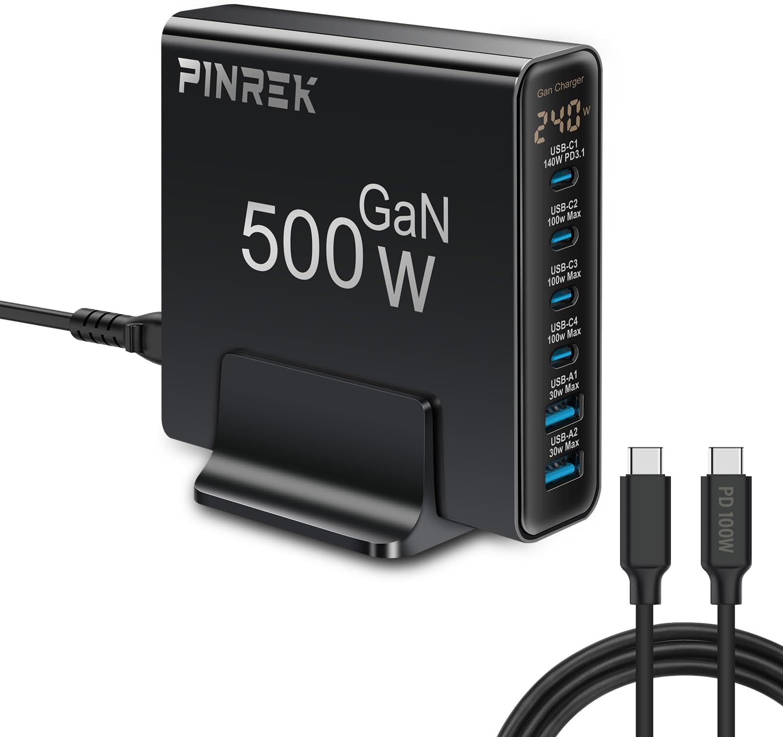 PINREK 500W 6-Port Charging Station, GaN III Fast USB C Wall Plug Charger with 140W PD - Universal Multi Port Desktop Type C Charger Adapter for Laptop, MacBook, iPhone, Samsung Galaxy, iPad