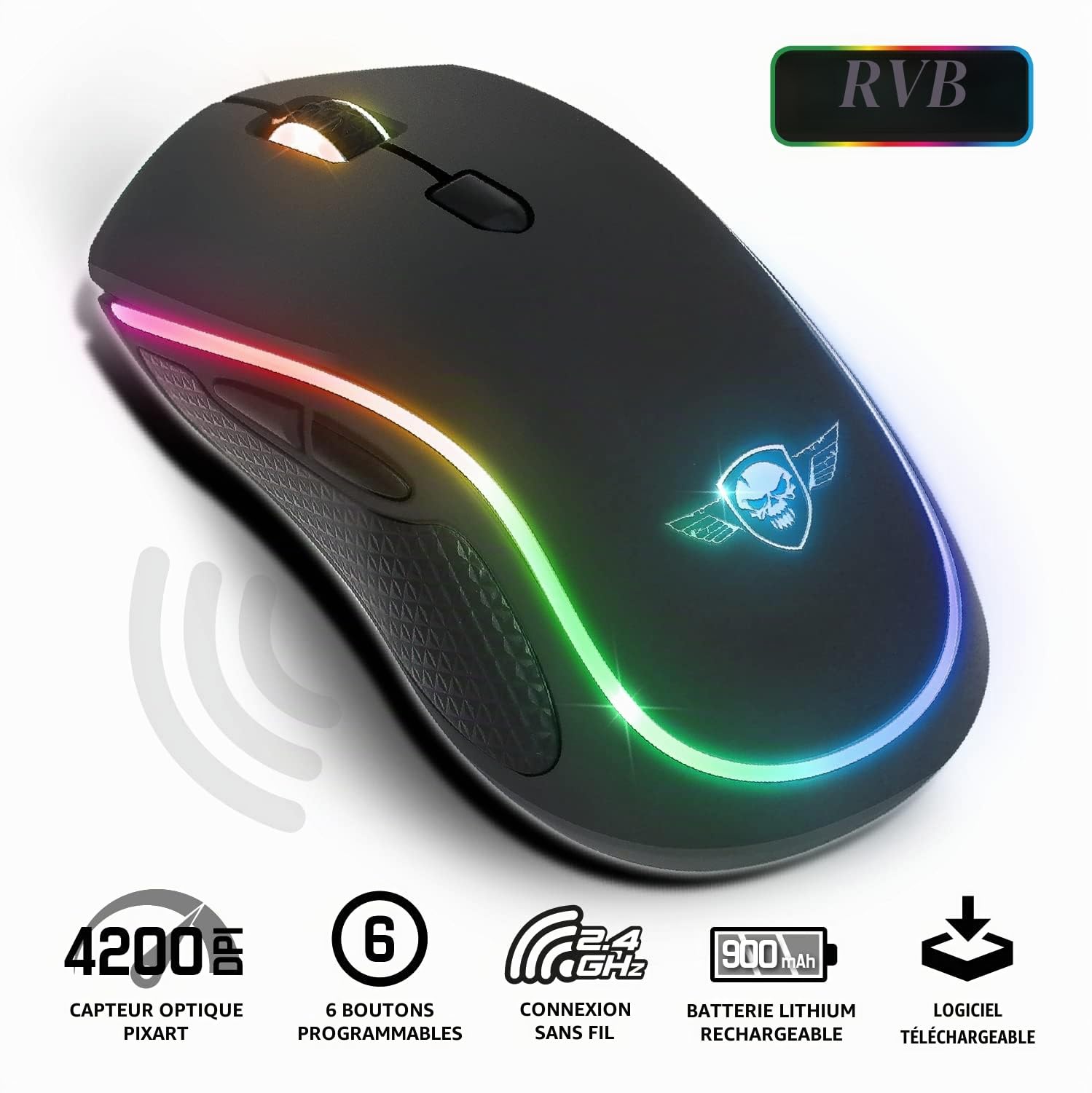 Spirit Of Gamer Pro M9, Souris Gamer sans Fil Symétrique, 6 Boutons Programmables, Capteur Optique 4200 DPI, 6 Effets de Rétroéclairage RGB Personnalisable, Souris Gaming Ergonomique Rechargeable