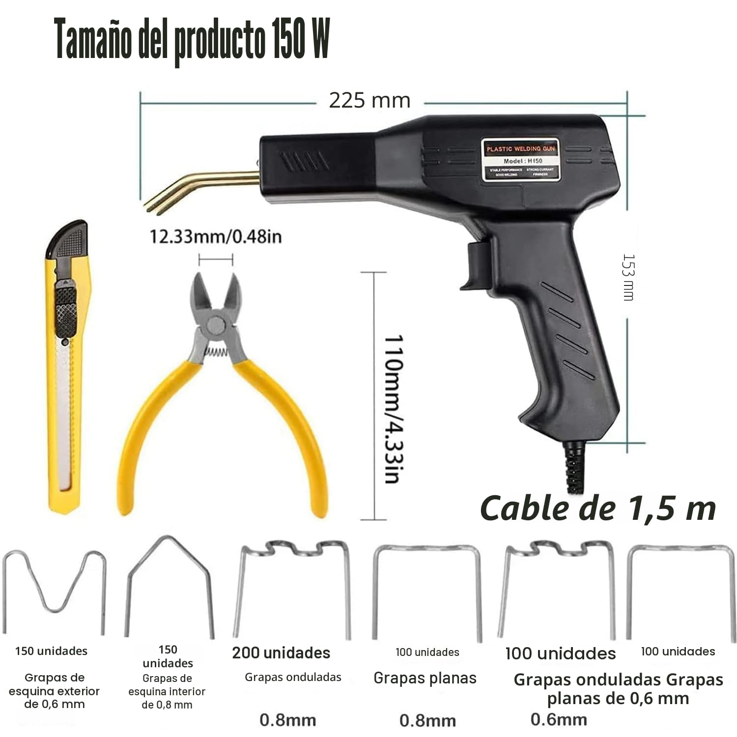 150W Plástico Soldadura Máquina Coche parachoques reparación Kit,800PCS calientes Grapadoras plástico Soldadura Reparando Kit Para Kayac/Plástico producto/Canoa,plano/Fuera interior Esquina/Ola Grapas