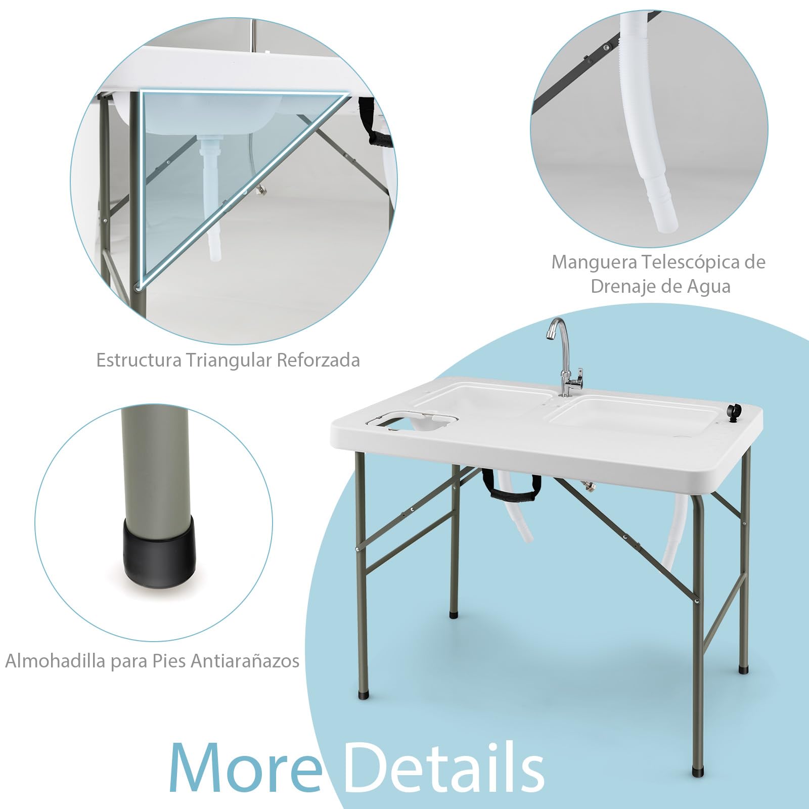 GYMAX 3 en 1 Mesa Plegable Camping Multiusos, Estación de Limpieza de Pescado con Fregadero y Grifo, Mesa de Picnic Portátil para Pesca, Barbacoa, 101,5 x 65,5 x 107,5 cm