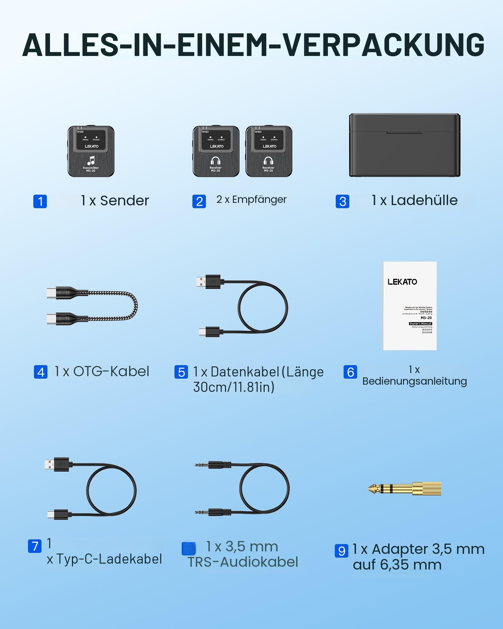 LEKATO Drahtloses In-Ear-Monitoring-System mit Ladekoffer, Professionelles drahtloses 2.4G-Stereo-IEM-System mit Sender und Empfänger, OTG-Funktion, geeignet für Band-Proben, Live-Auftritte