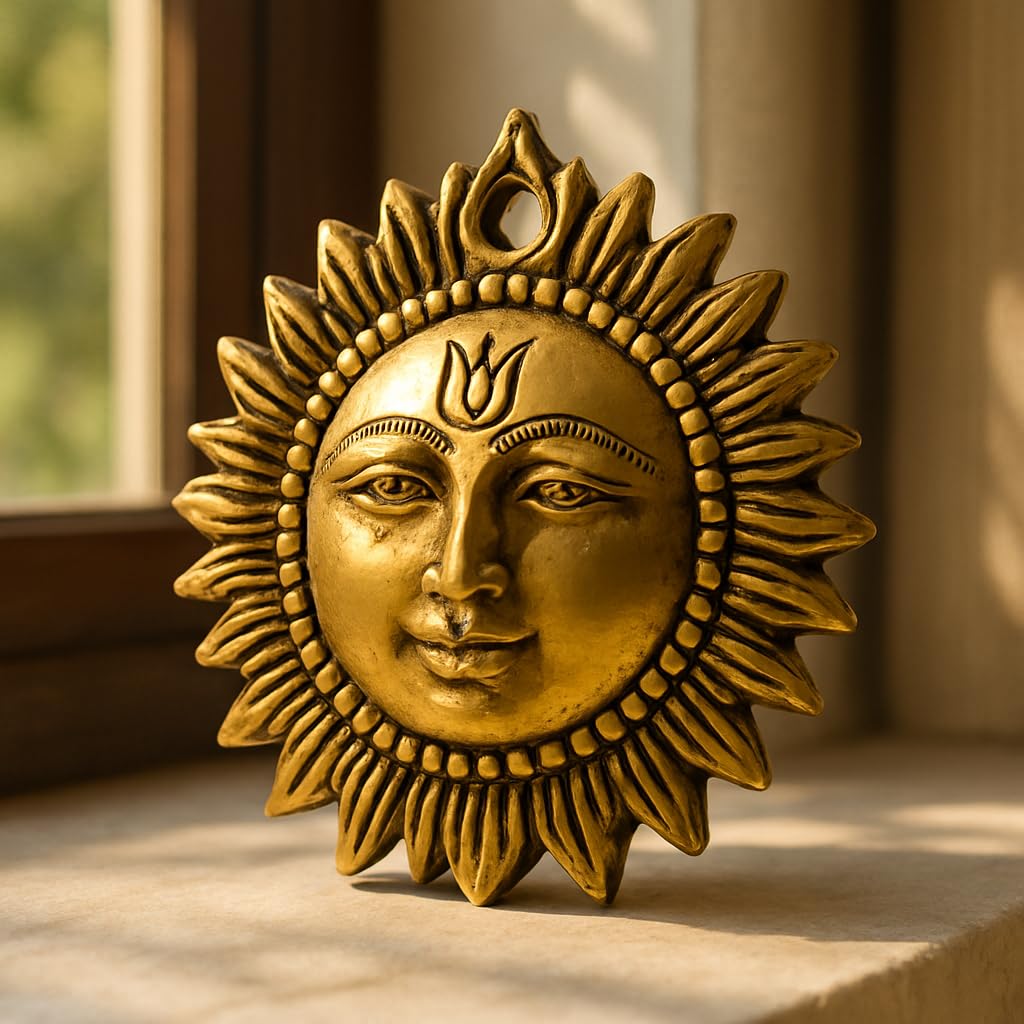 MOJO JOJO Brass Surya Dev Wall Hanging | Sun Face Wall Decor Showpiece | Traditional Vastu & Feng Shui Good Luck Brass Wall Art | Antique Golden Finish for Home, Office & Temple 1