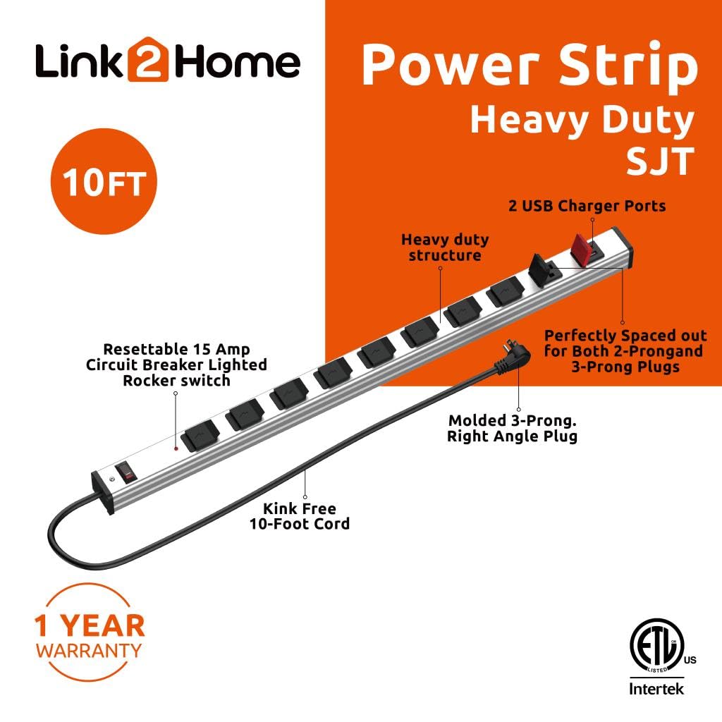 9 Outlets 2 USB Heavy Duty Metal Socket Power Strip,10-Foot Long Extension Cord with Circuit Breaker. Mounting Brackets Included, Workshop/Industrial use