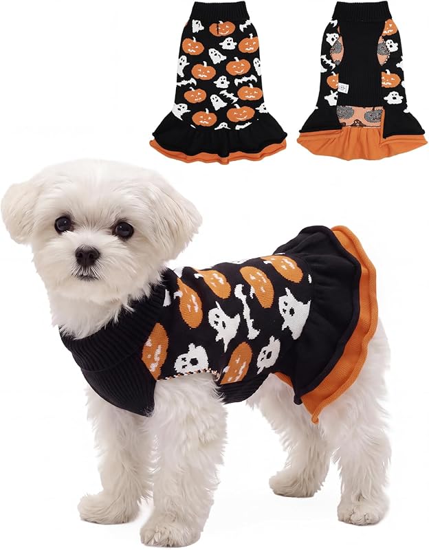 Suéter Vestido para Cães Pequenos com Babados CuteBone Halloween Pumpkin&Ghost DS102S