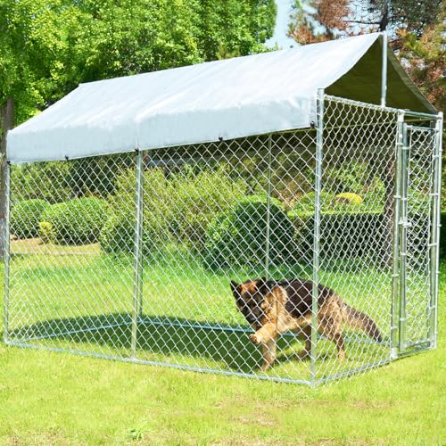 Kicari 10x6x7.7ft Large Dog Kennel Outdoor, Heavy-Duty Outside Dog Kennel with Roof, Security Latch-Lock Door, Chain-Link Dog Enclosure Dog Run for Yard with Cover