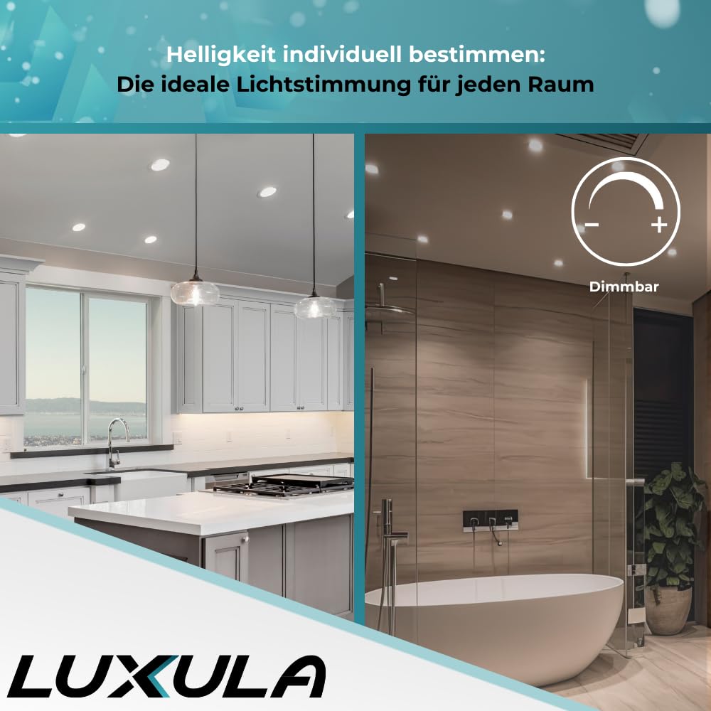 LUXULA 6x Einbaustrahler LED Spots 230V dimmbar - Warmweiß Neutralweiß Kaltweiß einstellbar - 24W 2565lm CCT Deckenspots flach Deckenstrahler IP44 Spotlight - matt weiß rund - 240x32mm