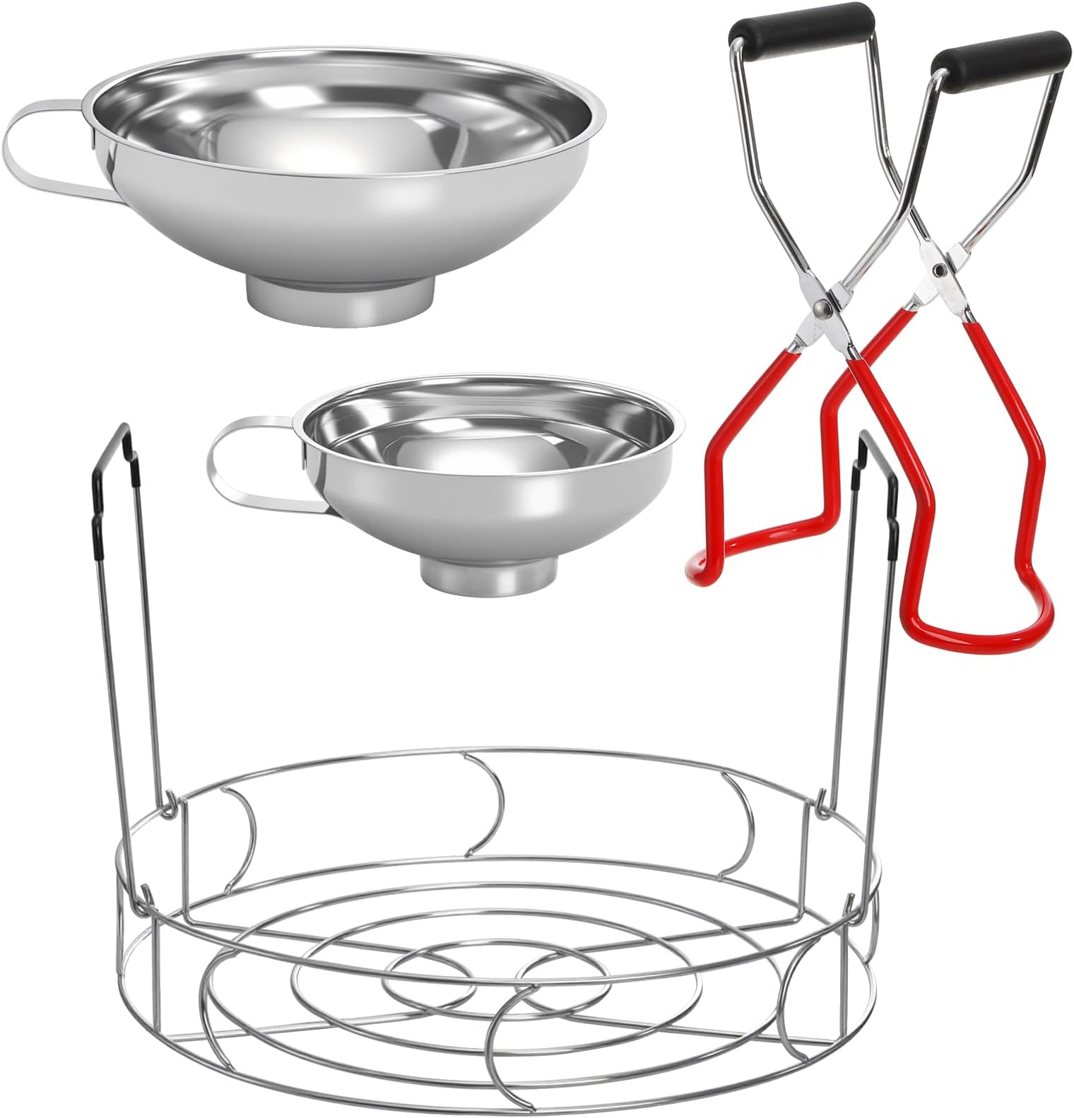 Cedilis 4 Pieces Canning Kit, 1PC Canning Rack+ 1PC Jar Lifter Tong+ 2PC Funnels, Stainless Steel Canning Supplies for Mason Jars