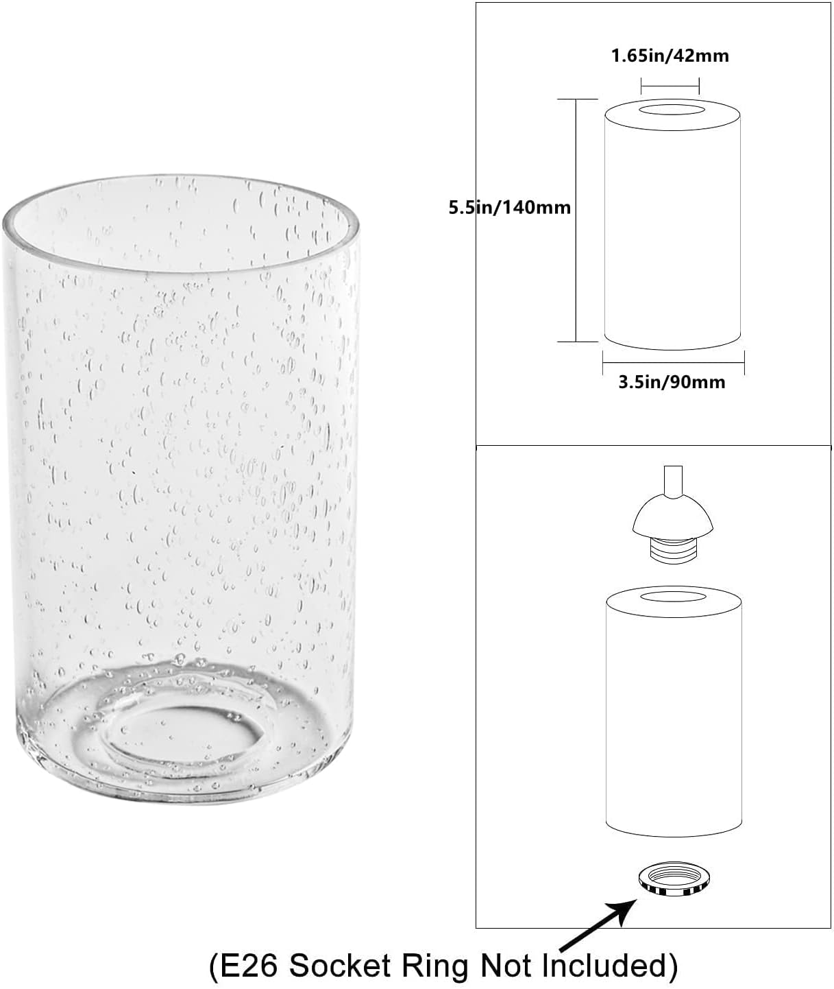 Seeded Glass Shade, 2 pack, Bubble Seeded Glass Lamp Shade Replacement for Light Fixtures, 1-5/8-inch Fitter, Diameter 3.5”, Height 5.5”