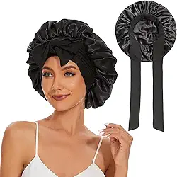 Touca de Cetim com Elastano Luxury – Faixa Ajustável com Laço, Anti-Frizz, Antiqueda e Conforto Ideal para Cabelos Cacheados, Lisos e Quimicamente Tratados (Preto)