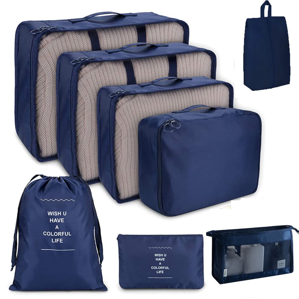 Lslansoon Navy Blue Travel Packaging Cube,8-Piece Set Of Travel Cube, Foldable Luggage Storage Bag, Lightweight Luggage Storage Bag (Navy)