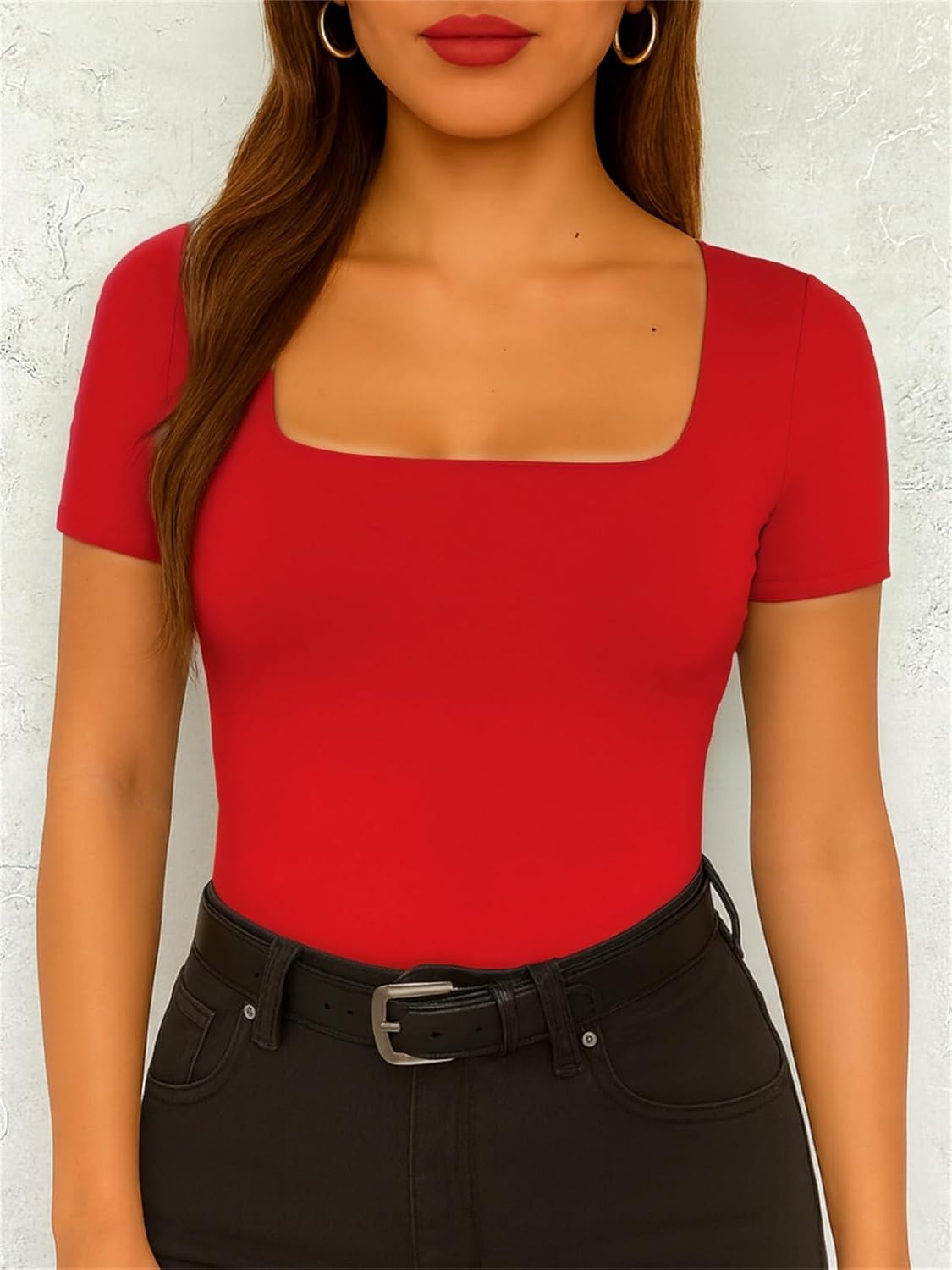 ForeFair Women's Square Neck Going Out Tops Double Lined Short Sleeve Basic Tight Tee Shirts - Image 2