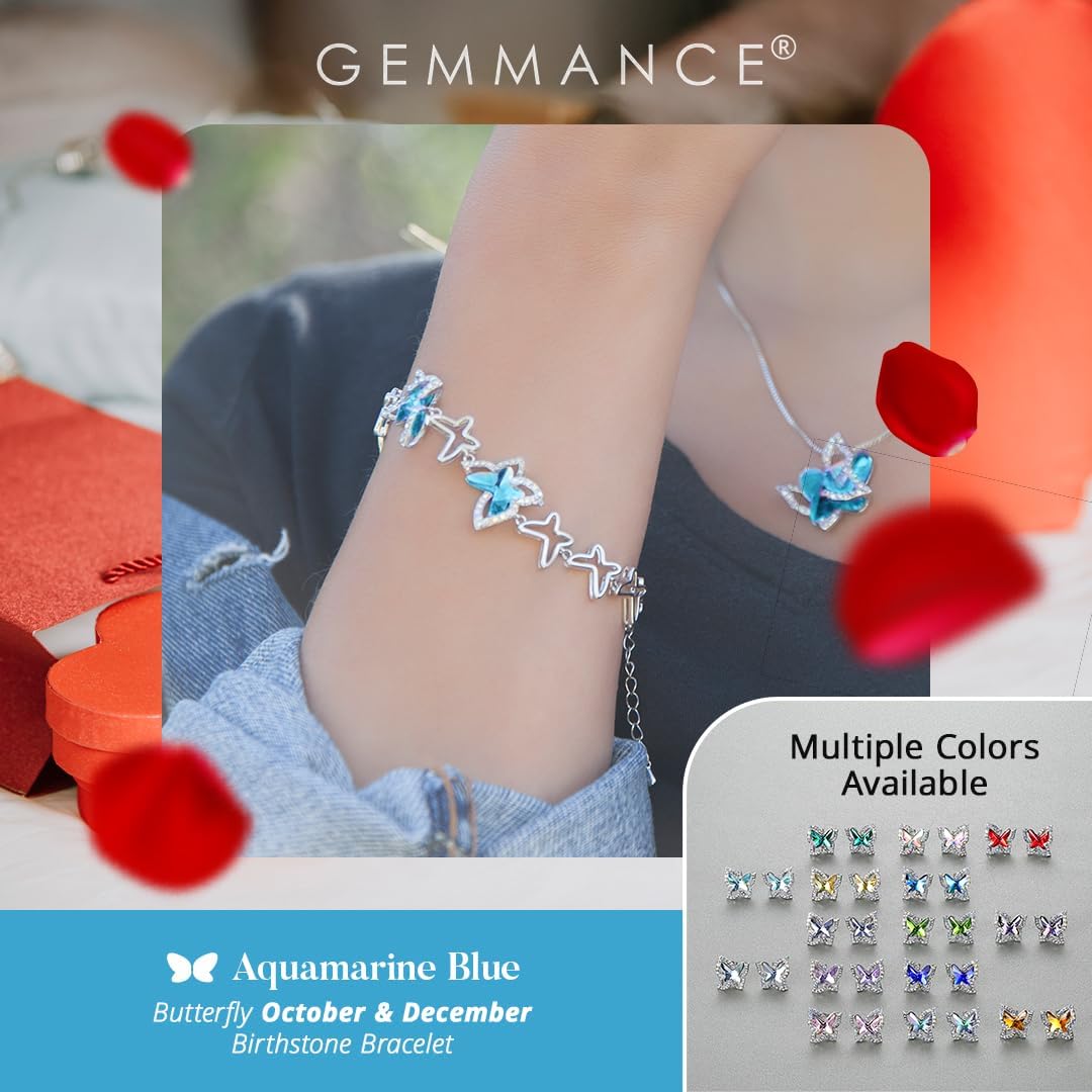 Valentine's Day Gift For Women Butterfly Link Charm Bracelet with Premium Birthstone Crystal, Silver-Tone, 7”+2” Chain - Image 2