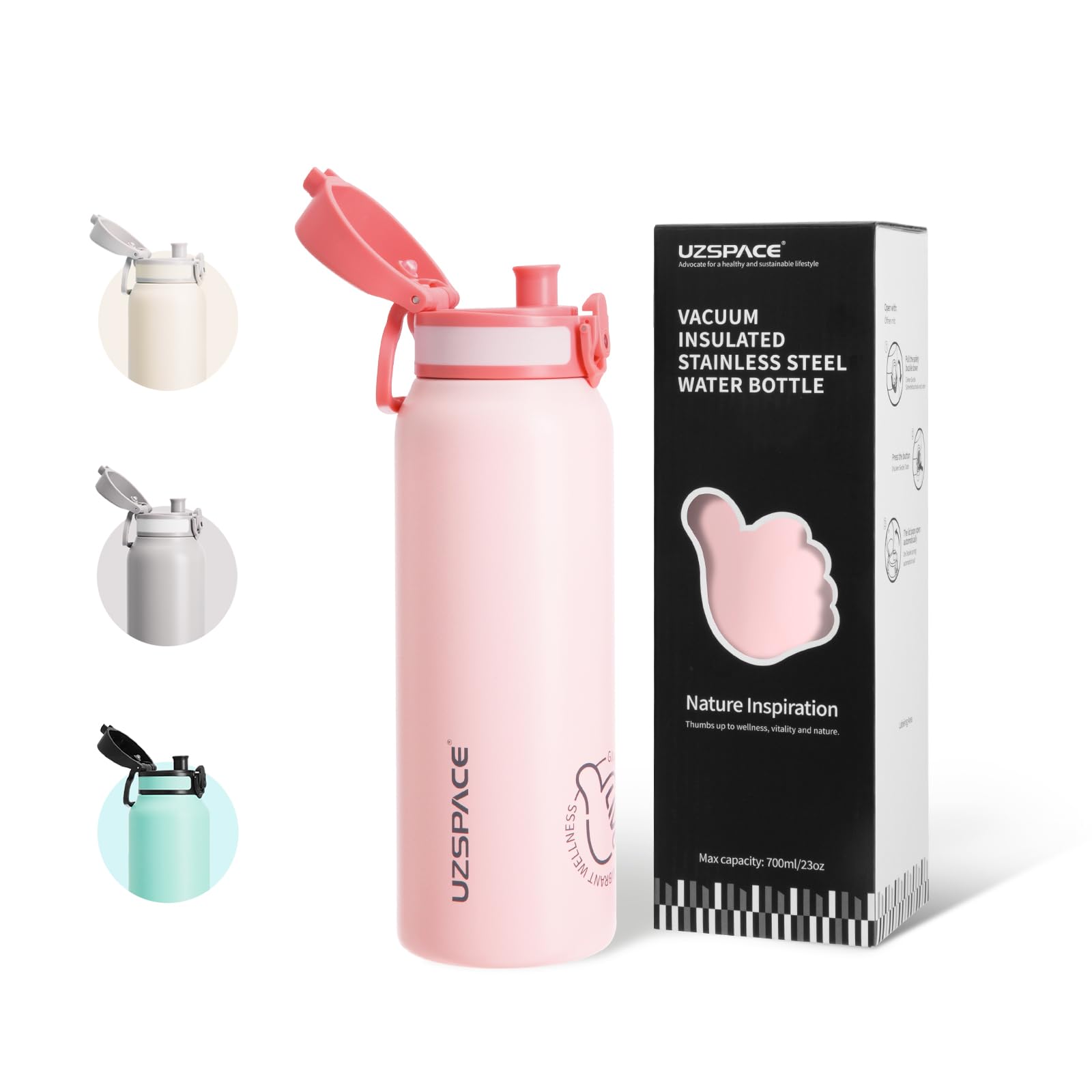 UZSPACE Stainless Steel Water Bottle Kids 700ml with Handle - Double-Walled Insulated Water Bottles That Keep Drinks Cold & Hot - Leakproof Metal Bottle for School or Works & Sports Quartz Pink — image 1