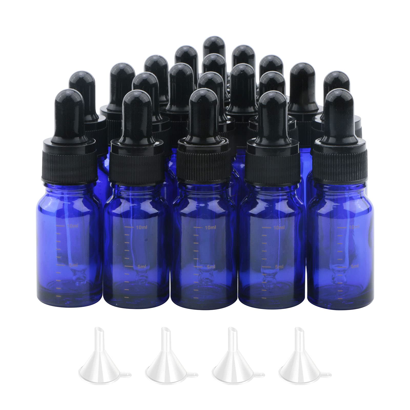 Rowiz Blue 20Pcs 10Ml Dropper Bottles With Pipettes Dropper&Black Screw Cap And Scale Line,Contains 4 Funnels, For Essential Oils Aromatherapy Perfume Blends, Empty Cosmetics Sample Vials