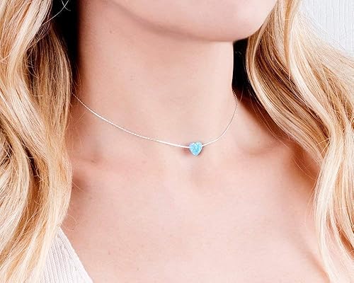 Miniatura 4 de Gargantilla de corazón de ópalo, relleno de oro, plata de ley u oro rosa, delicado collar corto para mujer, colgante de amor azul, blanco o rosa