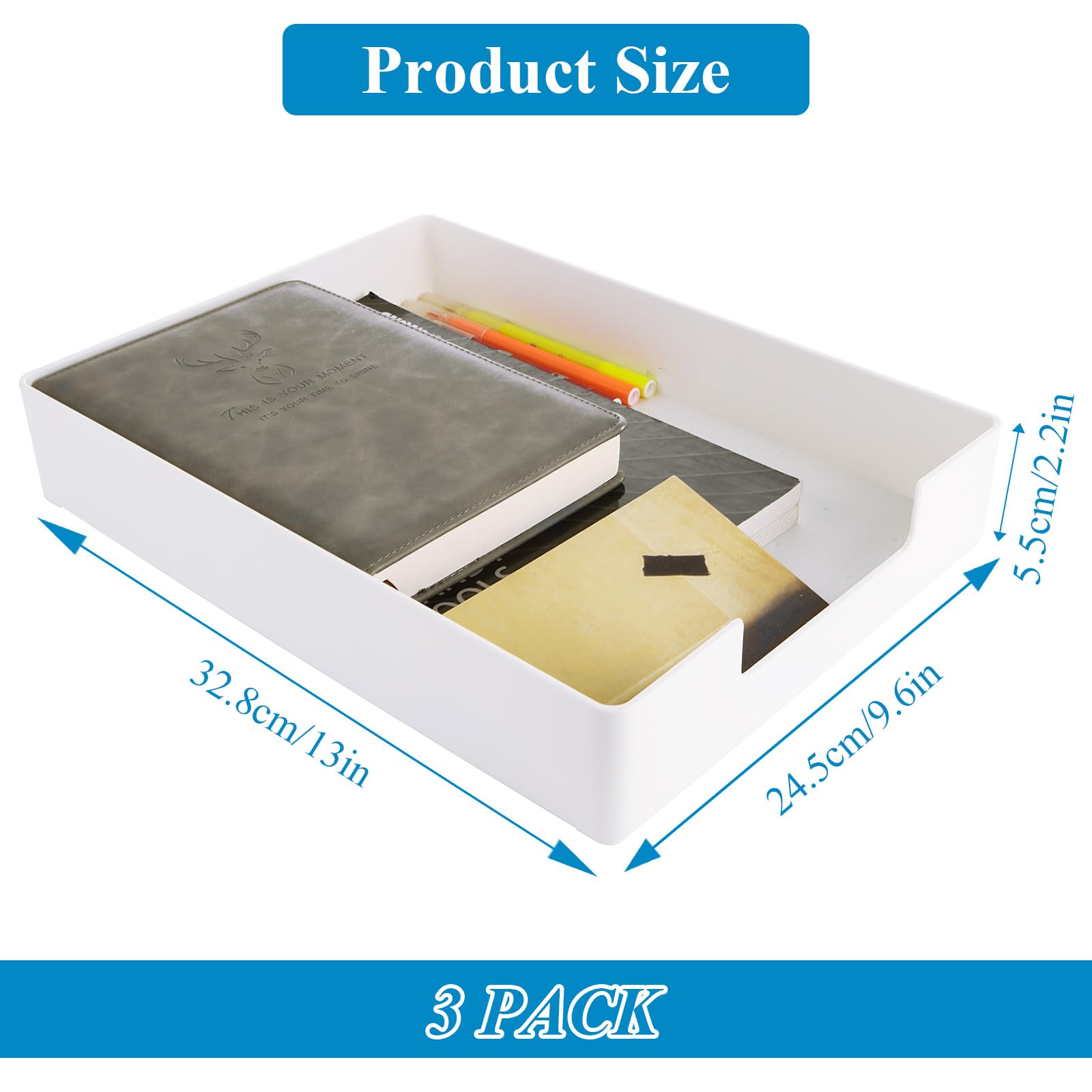 MUXHEL 3 Pcs White Letter Tray, Stackable A4 Size Paper Tray Organizer, ABS Plastic Desk Tray Document Tray for Magazines, Folders, Notebooks, Stationery