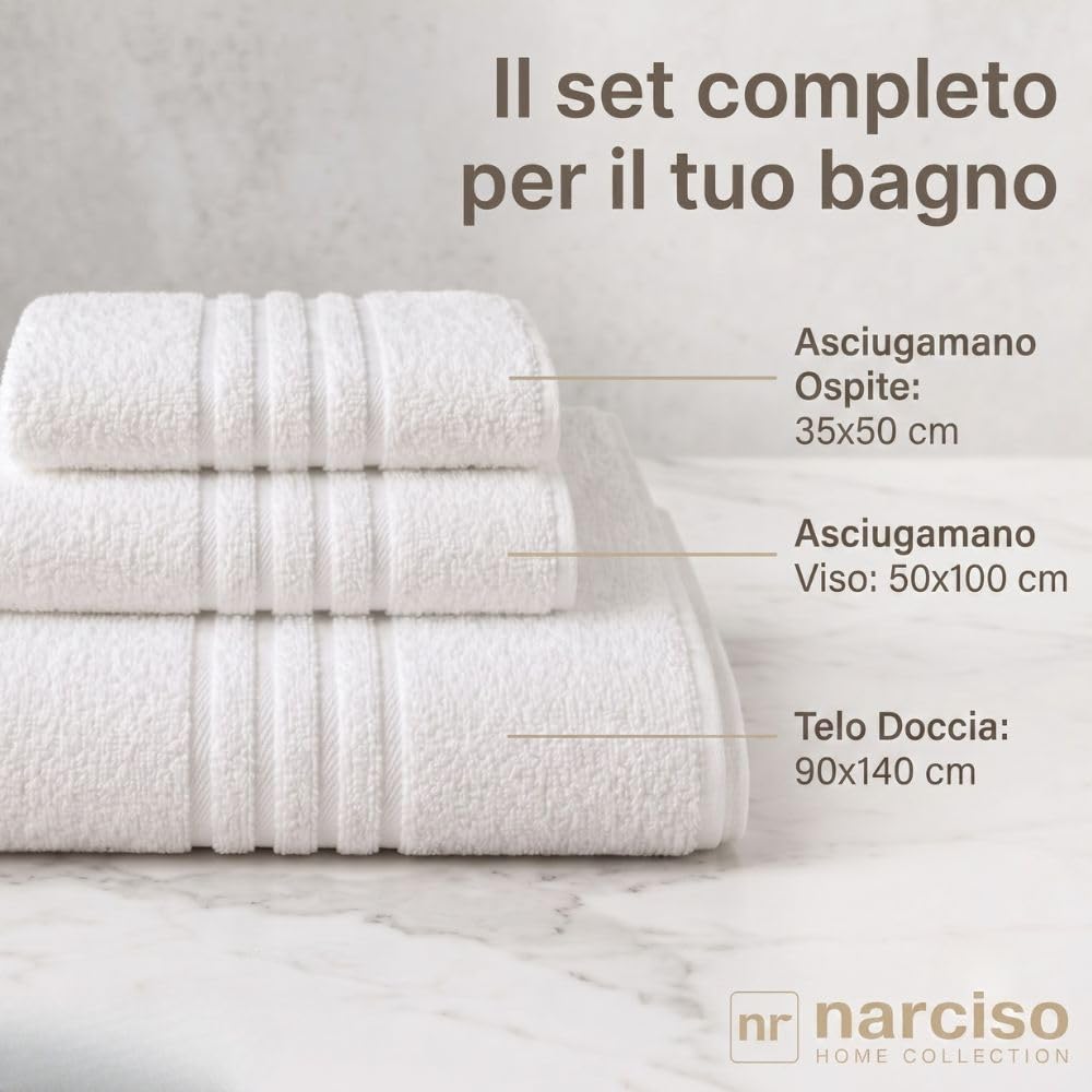 NARCISO - Set Asciugamani Bagno 12 Pezzi per Hotel, B&B e Casa in Cotone, Asciugamani Bianchi Classici (4 Viso, 4 Doccia, 4 Ospite) Bath Towels ad Alta Assorbenza (4 Tris)