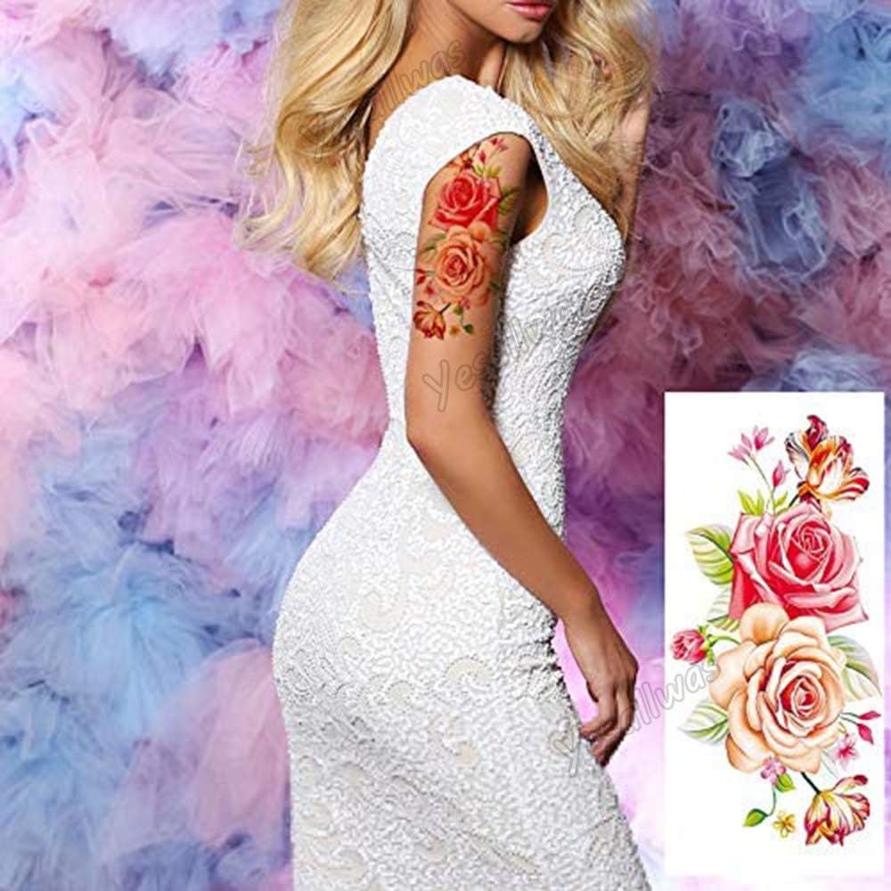 Pink Flowers Temporary Tattoos for women sexy 8 Pcs by Yesallwas LargeTattoo Sticker Fake Tattoos for kids girls teens,waterproof and Long Lasting sexy body tattoos -Rose - Image 3