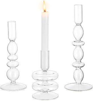 Glasseam Glass Tapered Candlestick Holder 3Pcs Unique Taper for Table Decor | Fit 0.78 Taper Candles, Blown Borosilicate Glass, Wedding Decorations, Bubble, Christmas, Xmas Decorative,Groovy, Window
