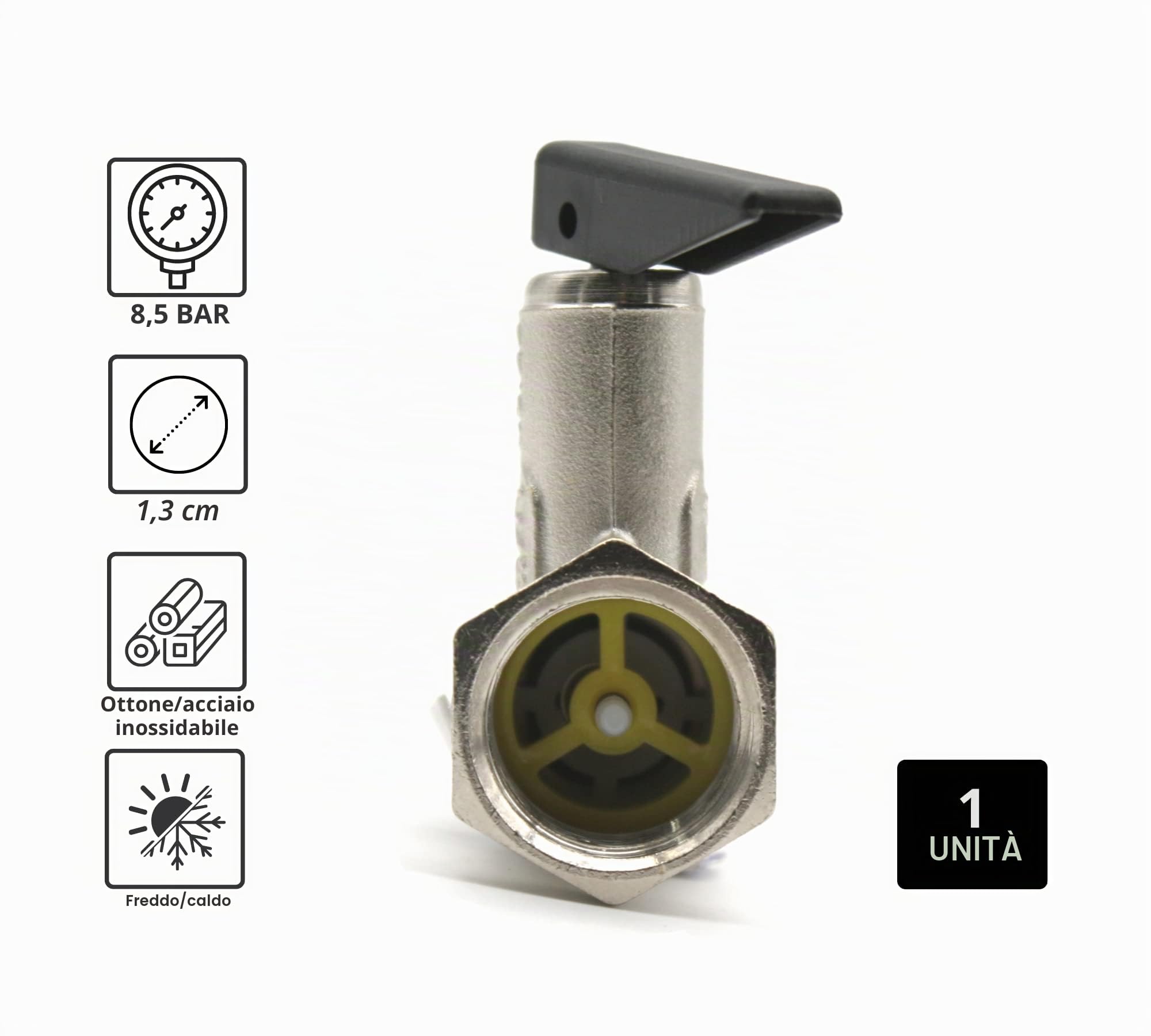 DOJA Barcelona | Valvola Sicurezza Scaldabagno | 1/2" Maschio-Femmina con Leva | 8,5 ± 0,5 Bar| Valvola di Sicurezza Caldaia, Valvola di Sicurezza pressione, Valvola Sicurezza Scaldabagno Elettrico