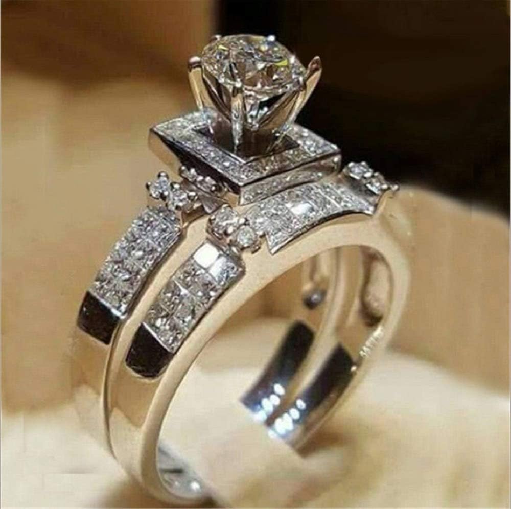 MAIHAOChic Women Perfectly Cut top Crystal Round Cut Luxury White Sapphire Silver Ring Set Wedding Engagement Jewelry Gift Size6-10 (US Cold 6)