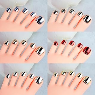6 Colors 144 Pcs Chrome Press on Toenails Set Mirror False Toenails Metallic Pedicure Toe Fake Nails Short Square Metal Acrylic Nails Summer Full Cover Toenail Art Tips Kits for Women Girls