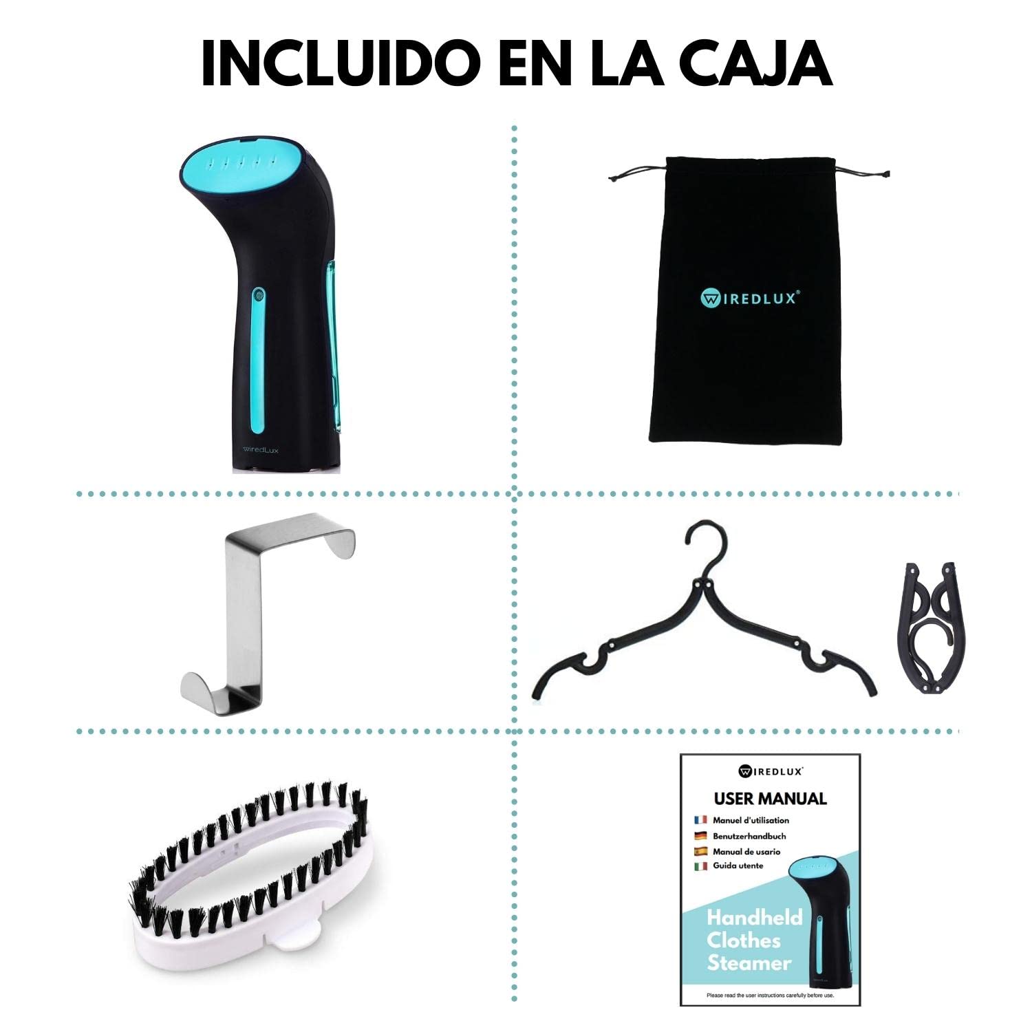 Plancha Vertical de Vapor WiredLux - Plancha Ropa de Viaje Ligera y Portátil - Steamer Listo en 25 Segundos y 100% a Prueba de Fugas - Planchado Rápido y Fácil - Accesorios de Viaje incluidos