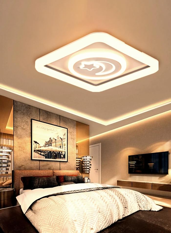 V.MAX 475 x475x 55mm Flush Mount LED Ceiling Light - SMD 72W | 6700Lm 4 Color Temperature Adjusting Dustproof Ceiling Lamp | Modern Ceiling Light Fixture (Moon& Star)