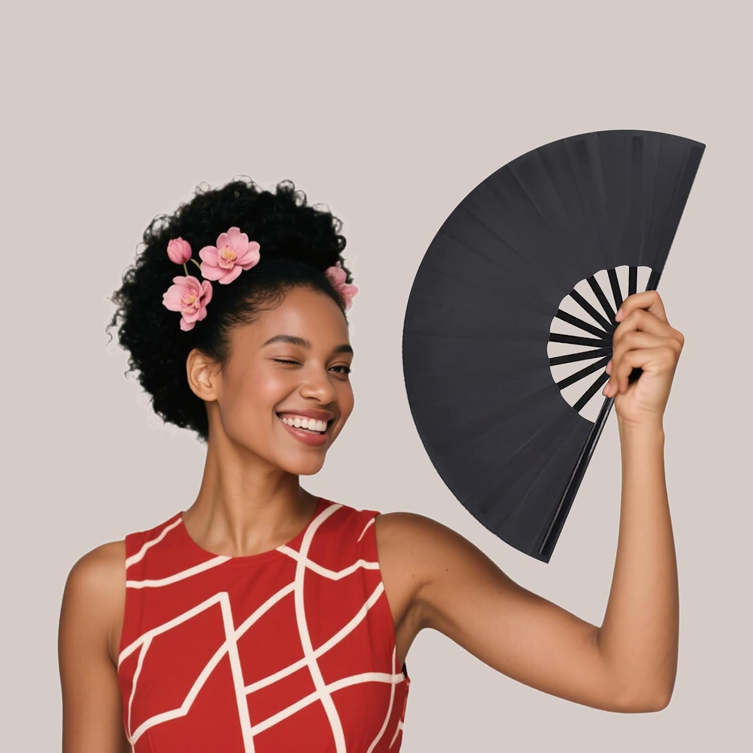 Large Folding Hand Fan for Line Dancing, Boots on The Ground Clacking/Popping Rave Fans, 13in Nylon-Cloth Foldable Dance Fans