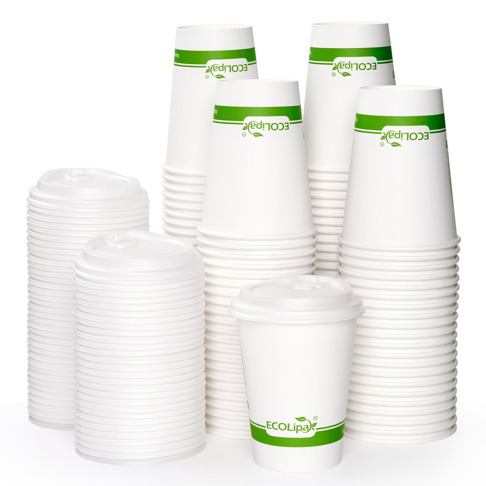 ECOLipak 100 Count 12 oz Compostable Paper Coffee Cups, Biodegradable Disposable Coffee Cups with CPLA Lid, Eco-friendly Hot Drinking Cups for Party, Picnic, Travel, and Events