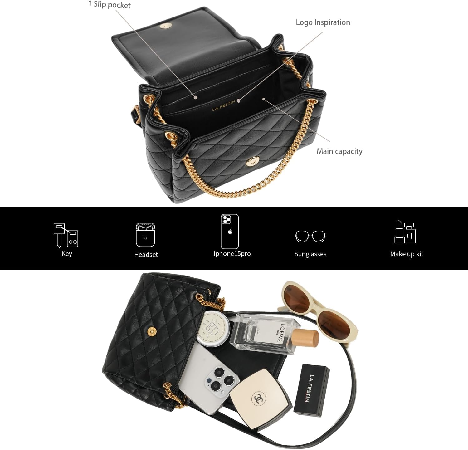 LAFESTIN Small Quilted Crossbody Bags For Women With Chain Strap, Soft Clutch Women's Crossbody Handbags - Image 3