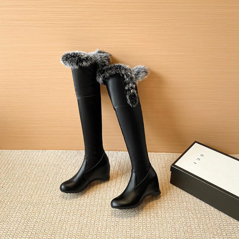 Women's Winter Over The Knee Thigh High Snow Boots Stretch Thick Rabbit Fur Collar Warm Leather Waterproof Slip-on Hidden Wedge Boot - Image 6