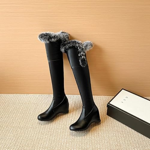Devileyeze Women'S Winter Over The Knee Thigh High Snow Boots Stretch Thick Rabbit Fur Collar Warm Leather Waterproof Slip-On Hidden Wedge Boot  thumb #6