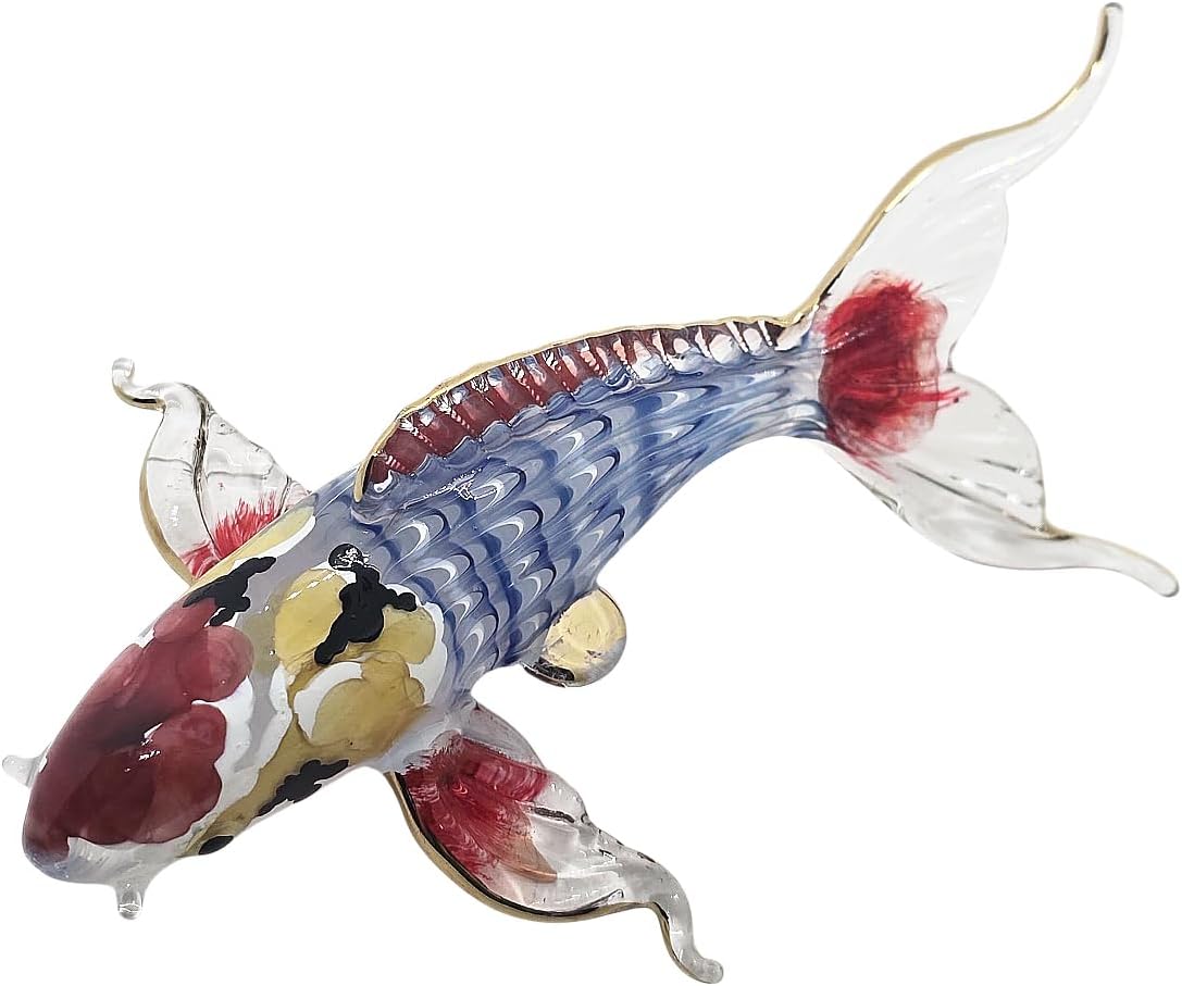 WitnyStore 5" Blue Red Gold Koi Carp Fish Artistic Blown Glass Figurine Premium Hand-Blown Statue Tabletop Decoration Unique Collectible for Adult Collectors Handcrafted Elegant Home Room Decor