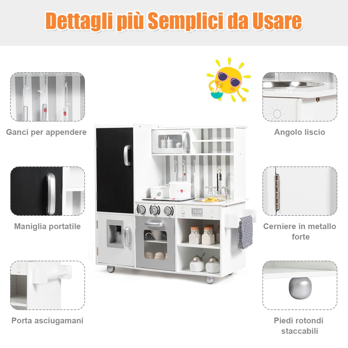 RELAX4LIFE Cucina Giocattolo in Legno per Bambini, Mini Cucina con Forno, Microonde e Frigorifero, Effetti Luminosi e Sonori, Natale/Compleanno/Feste