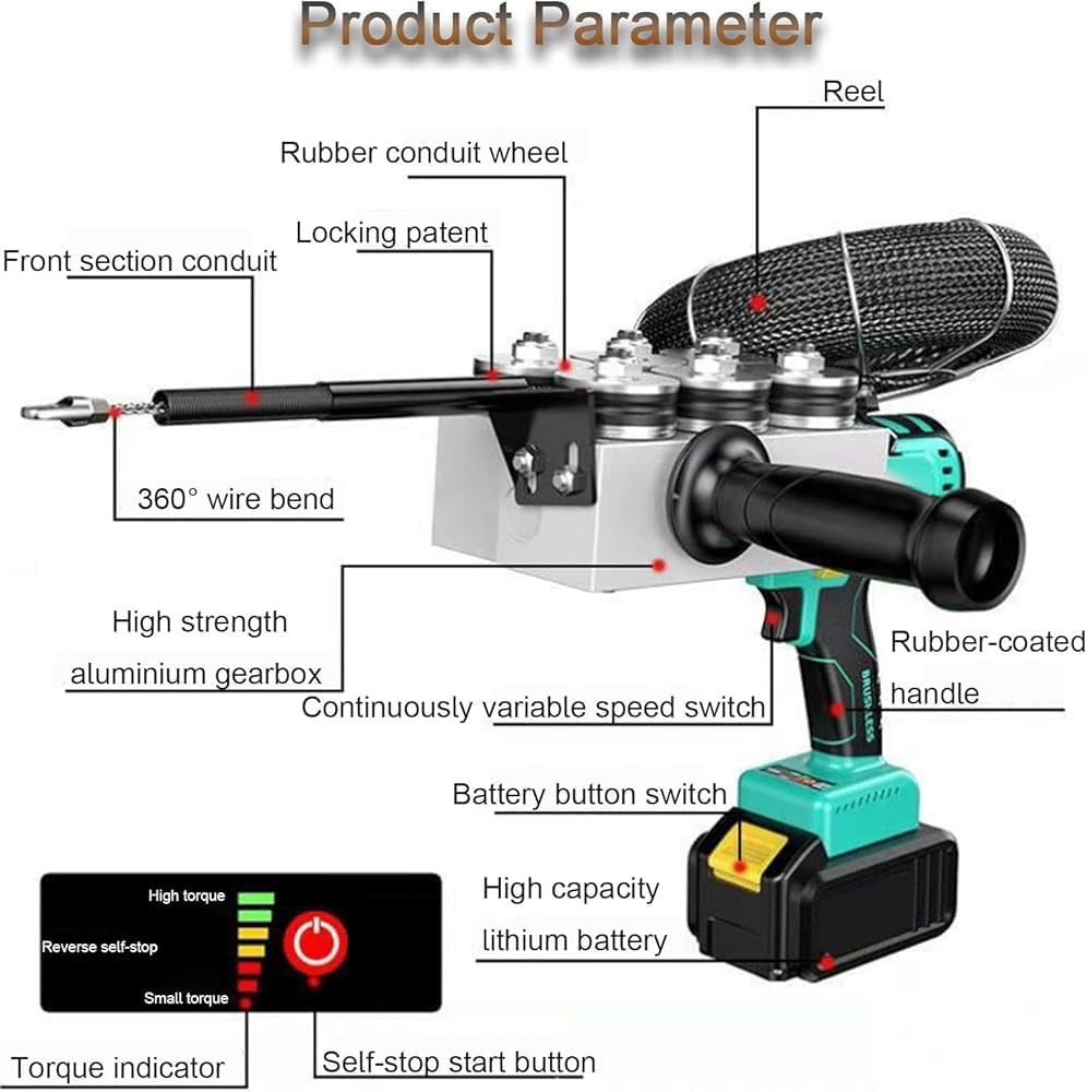 Portable Electric Fish Tape & Pipe Threader: Auto Wire Threading Machine with Powerful Brushless Motor for Smooth Wire - Stringing Across Walls(Color:1Battery)
