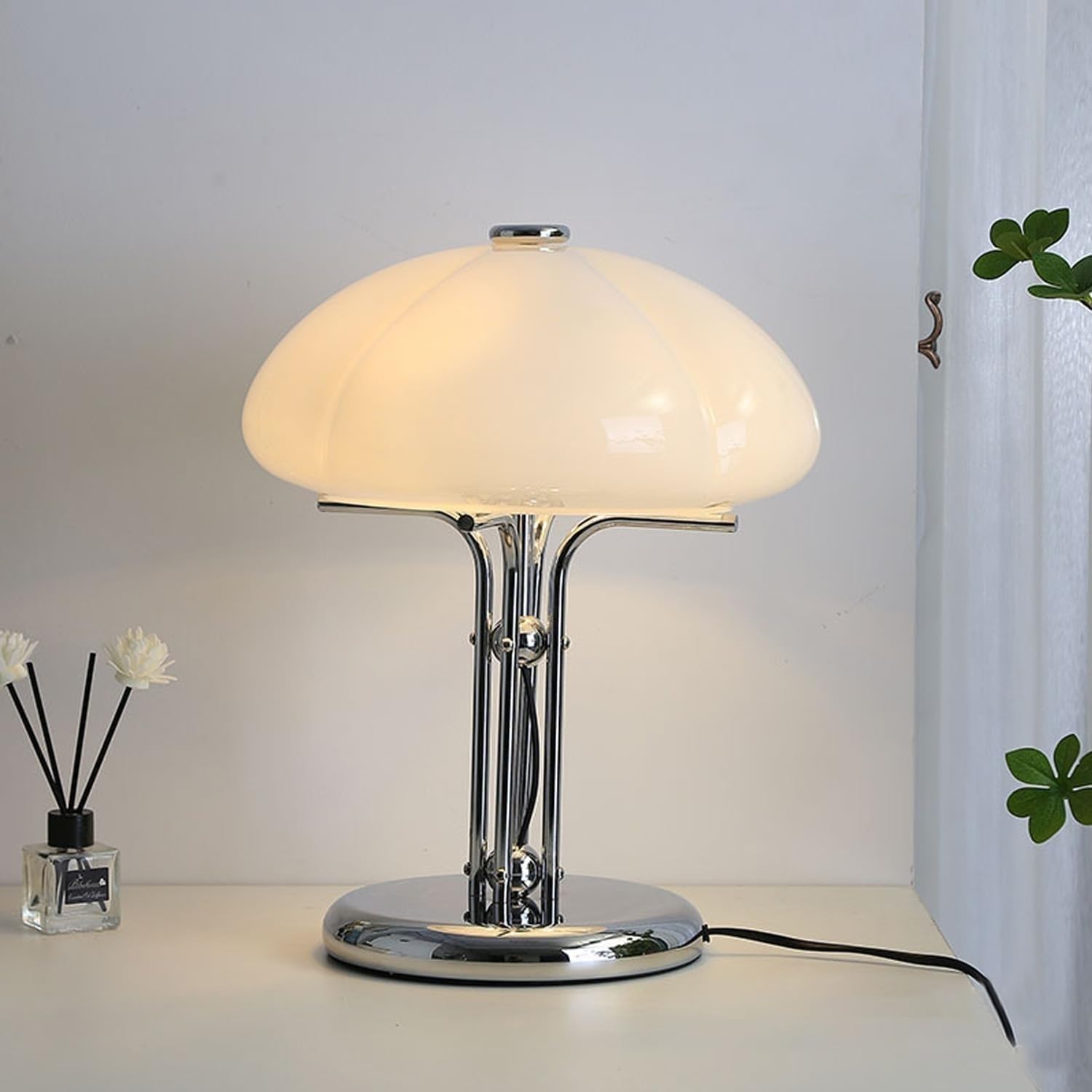 DFAEEKIYO Standing Lamp Mushroom with Caramel Lampshade Art Glass Desk Light Chrome Base Dimmable Nightstand Lamps for Living(Oranges)