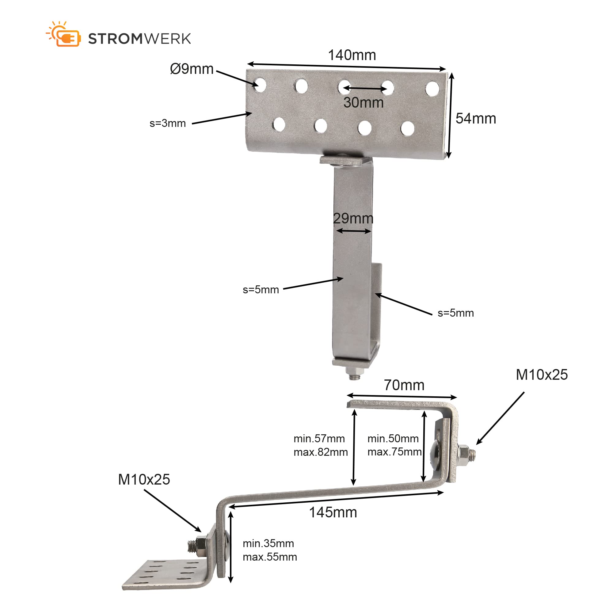 Dachhaken für Solar Befestigung - 140 mm lange hochfeste Halterung aus Edelstahl, 3fach verstellbar, mit 2x Schrauben M10, universal passend für Ziegeldach Photovoltaik Solarpanel (4 Stück)